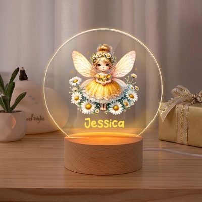 Personalized Birth Flower Little Fairy LED Night Light with Name, Acrylic Night Lamp with Wooden Base, Birthday/Children’s Day Gift for Girls