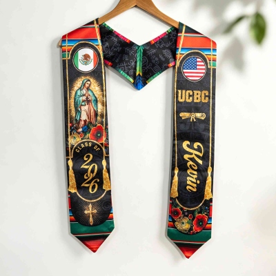 Personalized Name Graduation Stole with Year, Our Lady of Guadalupe Design High School/College Graduation Sash, Gift for Mexican American Graduates