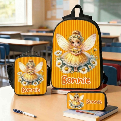 Custom Name Birth Flower Little Fairy Striped Backpack with Pencil Case & Lunch Bag, Children's School Bag Set, Back to School/Birthday Gift for Girls