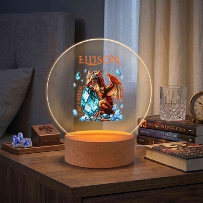 Personalized Dragon Birthstone LED Night Light with Name, Acrylic Night Lamp with Wooden Base, Nursery Decor, Birthday Gift for Kids/Fantasy Lovers