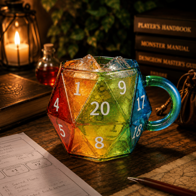Rainbow Gradient D20 Glass Mug, Colorful 20-Sided Die Shaped Coffee Cup, Heat Resistant Hot Cold Beverage Drinking Glass for Office & Game Nights