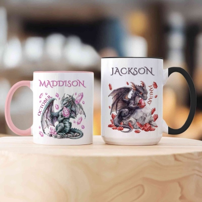 Personalized Dreamy Dragon Birthstone Ceramic Mug with Name, 11oz/15oz Two Tone Coffee Tea Mug with Coaster, Birthday Gift for Kids/Fantasy Lovers