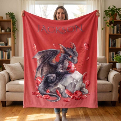 Personalized Dragon Birthstone Multicolor Blanket with Name, Flannel/Sherpa Throw for Bed Couch, Home Decor, Birthday Gift for Kids/Fantasy Lovers