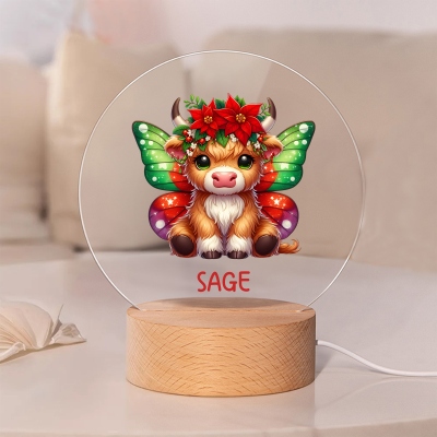Personalized Birth Month Fairy Highland Cow LED Night Light with Name, Acrylic Night Lamp with Wooden Base, Nursery Decor, Birthday Gift for Girls