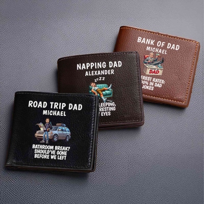 Personalized Funny Cartoon Dad Photo Wallet with Name, PU Leather Luxury Bifold Men's Wallet, Birthday/Father's Day Gift for Husband/Dad/Grandpa
