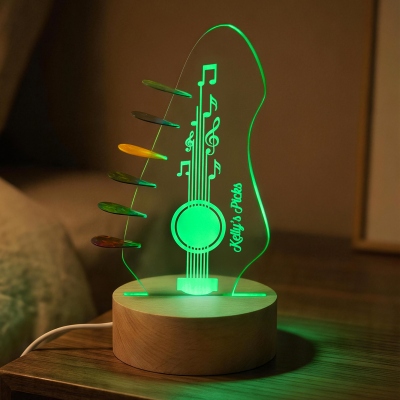 Personalized Name Headstock Light Up Picks Holder, 7 Colors Acrylic LED Light with Wooden Base, Picks Storage and Display, Gift for Guitarists/Players