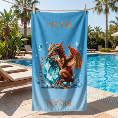 Personalized Birthstone Dragon Beach Towel with Name, Quick Dry Microfiber Pool Towel, Summer Vacation/Beach Party Favor, Gift for Family/Friends/Kids