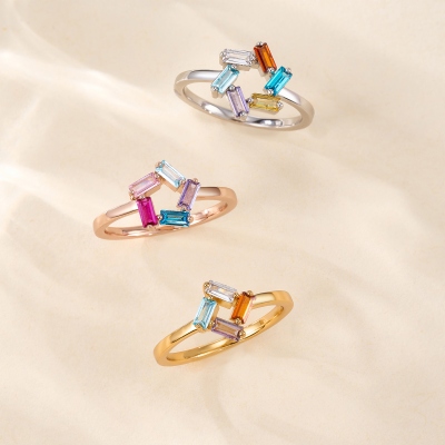 Personalized 1-6 Baguette Birthstones Reunion Circle Ring, Dainty Sterling Silver 925 Family Jewelry, Mother's Day/Birthday Gift for Mom/Grandma/Her