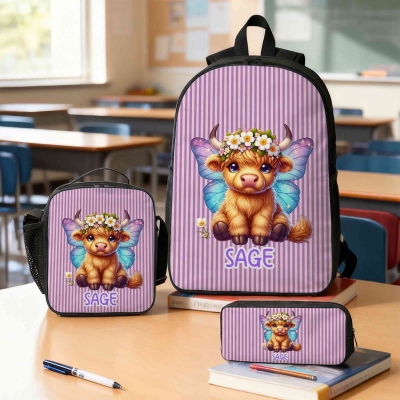 Custom Name Birth Flower Butterfly Highland Cow Striped Backpack with Pencil Case & Lunch Bag, School Bag Set, Back to School/Birthday Gift for Girls