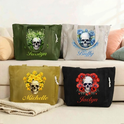 Personalized Name Birth Flower Gothic Skull Corduroy Tote Bag, Large Capacity Zippered Handbag with Side Pockets, Birthday/Halloween Gift for Women
