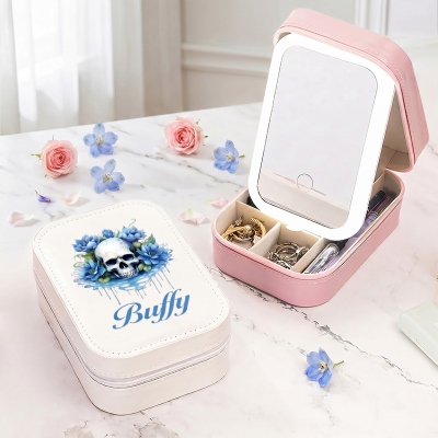 Personalisierte Make-up-Box mit Geburtsblume, gotischem Totenkopf-Design, dreifarbigem LED-Lichtspiegel, Reise-Schmuckkästchen, Geburtstags-/Halloween-Geschenk für Frauen