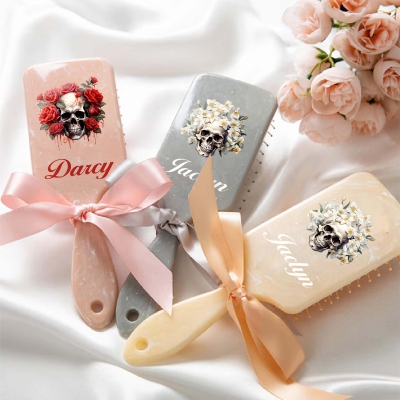 Custom Name Birth Flower Skull Hair Brush, Gothic Floral Detangling Brush, Bridal Shower Favor, Wedding/Birthday/Halloween Gift for Bridesmaids/Women