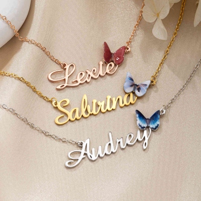 Personalized Elegant Birth Butterfly Stone Necklace with Name, Dainty Sterling Silver 925 Jewelry, Birthday/Mother's Day Gift for Mom/Grandma/Her