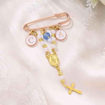 Personalized Catholic Wedding Bouquet Rosary Pin with Initials, Elegant Virgin Mary Medal Cross Brooch, Sentimental Keepsake, Wedding Gift for Bride