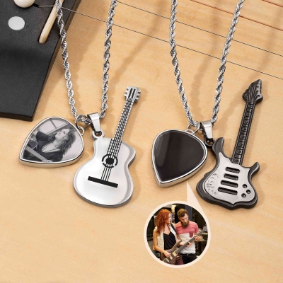 Custom Heat-Activated Hidden Photo Guitar Pick and Guitar Pendant Necklace with Engraved Text, Music Accessory, Gift for Guitar Player/Music Lovers