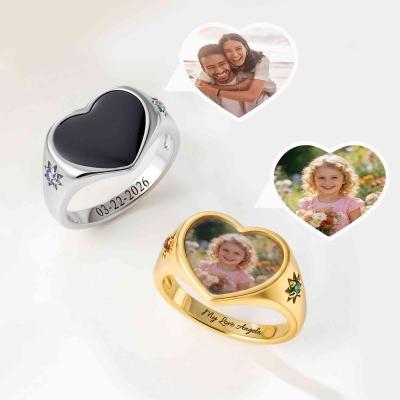 Custom Heat-Activated Heart Shape Hidden Photo Ring, Dainty Sterling Silver Ring with Two Birthstones and Text, Birthday/Anniversary Gift for Women