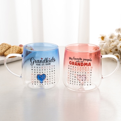 Personalized Gradient Crossword Puzzle Art Heart Mug with 1-8 Names, 12oz Glass Cup, Christmas/Mother's Day/Birthday Gift for Grandmothers
