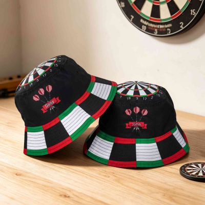 Custom Classic Dartboard Design Bucket Hat with Name, Unisex Wide Brim Sun Hat, Lightweight Summer Outdoor Cap, Gift for Darts Players/Game Lovers