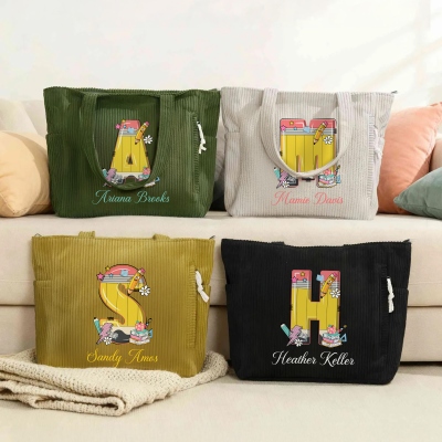 Personalized Name Pencil-inspired Alphabet Corduroy Tote Bag, Large Capacity Zippered Commuter Handbag with Pockets, Appreciation Gift for Teachers