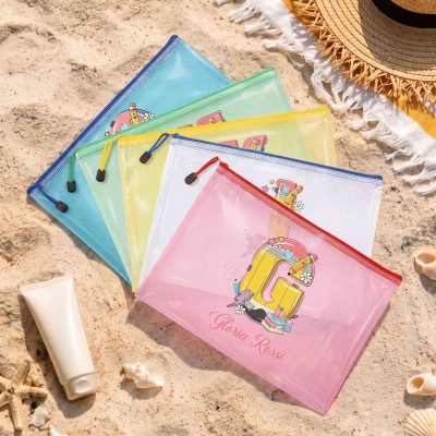 Personalized Name Pencil-inspired Alphabet PVC Mesh Wet Dry Bag, Waterproof Beach Bag with Zipper, End of Year/Back to School Gift for Teachers