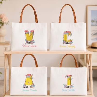 Personalized Name Pencil-inspired Alphabet Tote Bag, Large Capacity Canvas Handbag with Leather Handles, Appreciation/Back to School Gift for Teachers