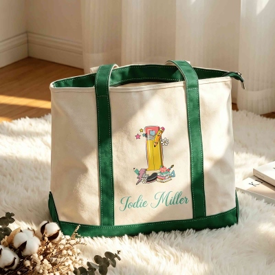 Personalized Pencil-inspired Alphabet Boat Tote Bag with Name, Large Capacity Canvas Commuter Handbag, Appreciation/Back to School Gift for Teachers