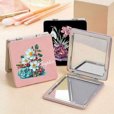 Personalized Name & Birthstone Birth Flower Makeup Mirror, 1x/2x Magnifying Dual Compact Mirror, Birthday/Wedding Gift for Her/Mom/Bridesmaids/Women