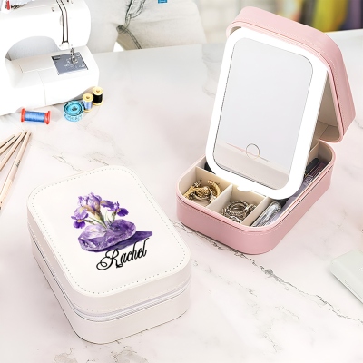 Custom Name & Birthstone Birth Flower Makeup Box with Three-Color LED Light Mirror, Travel Makeup Jewelry Box, Gift for Her/Mom/Bridesmaids/Women