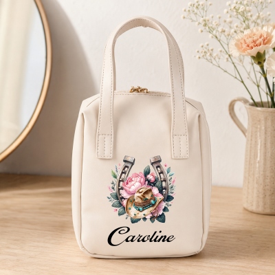 Custom Name Cowgirl Hat Birthstone Birth Flower Horseshoe Makeup Bag with Handles, Portable PU Leather Toiletry Bag, Birthday Gift for Her/Mom/Women