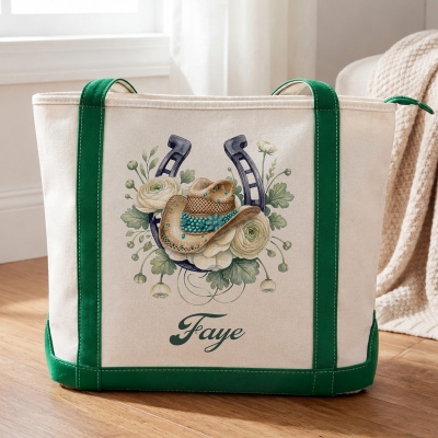 Personalized Name Cowgirl Hat Birthstone Birth Flower Horseshoe Boat Tote Bag, Large Capacity Canvas Handbag, Birthday Gift for Her/Mom/Besties/Women