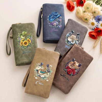 Custom Name Cowgirl Hat Birthstone Birth Flower Horseshoe Tri-Fold Wallet, Leather Wallet Card Phone Holder with Wristlet, Birthday Gift for Women
