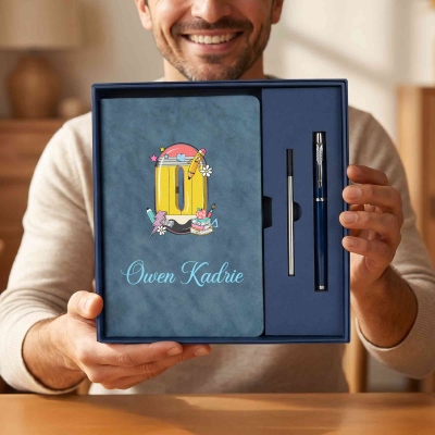 Personalized Name Pencil-inspired Alphabet PU Leather A5 Notebook and Pen Set, End of Year/Appreciation/Back to School Gift for Teachers/Educators