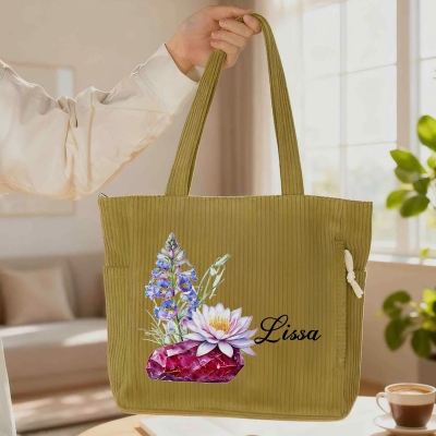 Custom Name & Birthstone Birth Flower Corduroy Tote Bag, Large Capacity Zippered Handbag with Pockets, Birthday/Wedding Gift for Her/Mom/Bridesmaids