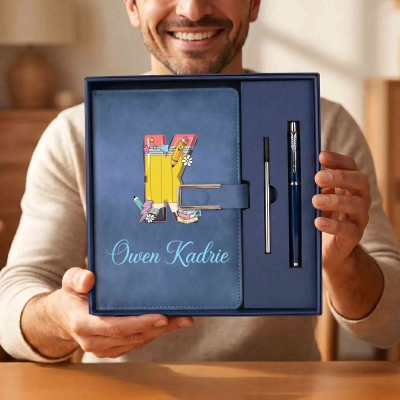 Personalized Name Pencil-inspired Alphabet PU Leather A5 Notebook and Pen Set, End of Year/Appreciation/Back to School Gift for Teachers/Educators