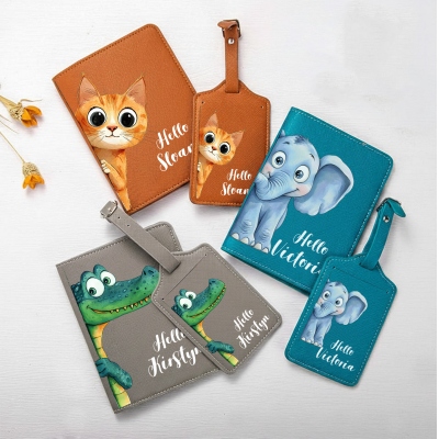 Personalized Cartoon Animal Says Hello PU Leather Passport Holder Luggage Tag Set with Name, Travel Accessory, Birthday/Vacation Gift for Kids