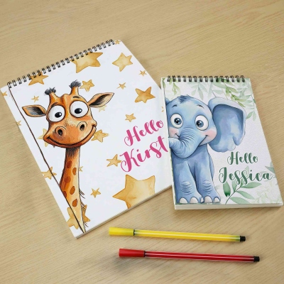 Personalized Cute Peeking Animal Says Hello Sketchbook with Name, Daily Drawing, Art Supplies, Birthday/Back to School Gift for Kids/Boys/Girls