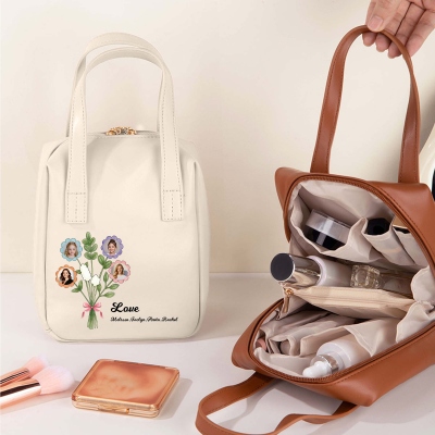 Personalized 1-7 Flower Family Photos Handheld Makeup Bag with Name, PU Leather Portable Toiletry Tote, Daily Use, Birthday/Anniversary Gift for Her