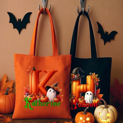Custom Name Pumpkin Alphabet Wizard Ghost Tote Bag, Large Capacity Halloween Canvas Handbag, Trick or Treat Bag, Halloween Gift for Kids/Boys/Girls