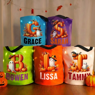 Personalized Name Pumpkin Alphabet Wizard Ghost LED Light Trick or Treat Bucket Bag with Handle, Light-Up Candy Basket, Halloween Gift for Kids