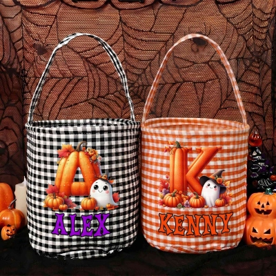 Personalized Name Pumpkin Alphabet Wizard Ghost Gingham Candy Basket, Large Capacity Trick-or-Treat Bucket Bag with Handle, Halloween Gift for Kids