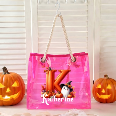 Personalized Name Pumpkin Alphabet Wizard Ghost Neon Color Tote Bag, Clear PVC Trick-or-Treat Candy Bag with Rope Handles, Halloween Gift for Kids