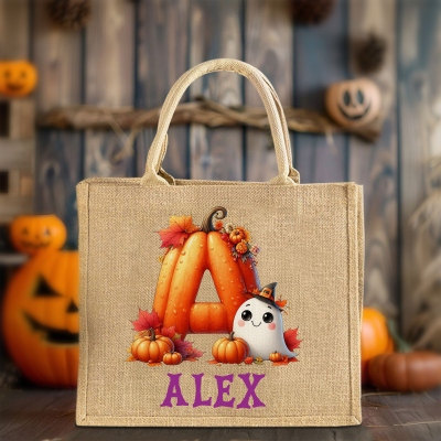 Personalized Name Pumpkin Alphabet Wizard Ghost Tote Bag, Large Capacity Halloween Jute/Linen Handbag, Trick or Treat Bag, Halloween Gift for Kids