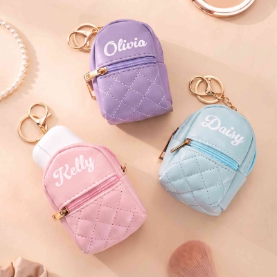 Personalized Name Mini Zippered Backpack Keychain, PU Leather Earphone Organizer Pouch, Travel Coin Purse, Bag Charm, Birthday Gift for Women/Girls