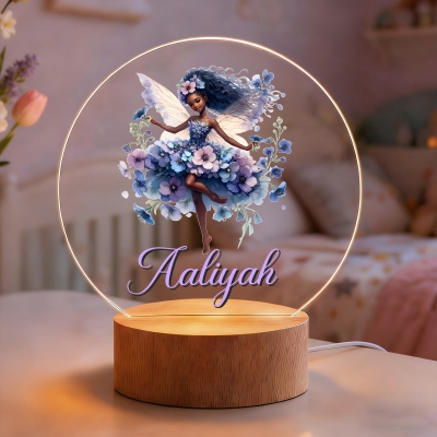 Personalized Birth Flower Black Fairy Girl LED Night Light with Name, Acrylic Night Lamp with Wooden Base, Birthday Gift for African American Girls