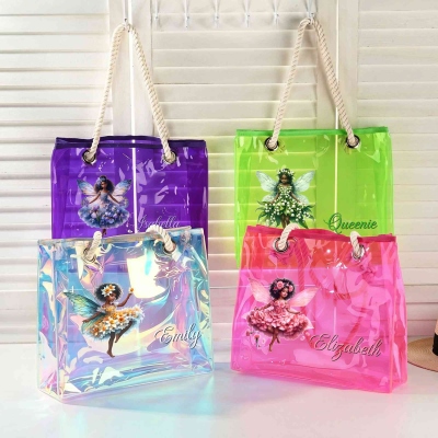 Personalized Name Birth Flower Black Fairy Girl Neon Color Tote Bag, Clear PVC Beach Bag with Rope Handles, Birthday Gift for African American Girls