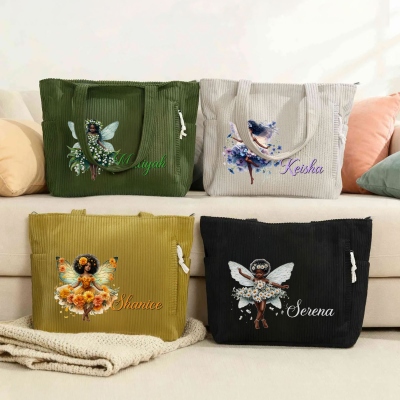 Personalized Name Birth Flower Black Fairy Girl Corduroy Tote Bag, Large Capacity Handbag with Side Pockets, Birthday Gift for African American Girls