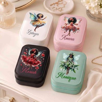 Personalized Name Birth Flower Fairy Black Girl Makeup Box with 3-Color LED Light Mirror, Travel Jewelry Case, Birthday Gift for African American Girls