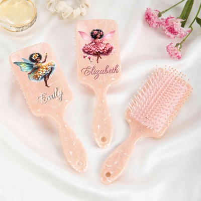 Personalized Name Birth Flower Fairy Black Girl Hair Brush, Detangling Cushion Brush, Hair Care Essential, Birthday Gift for African American Girls