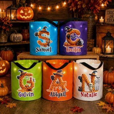 Custom Name Spooky Polka Dot Witch Hat Alphabet LED Light Bucket Bag with Handle, Light-Up Trick or Treat Candy Basket, Halloween Gift for Kids