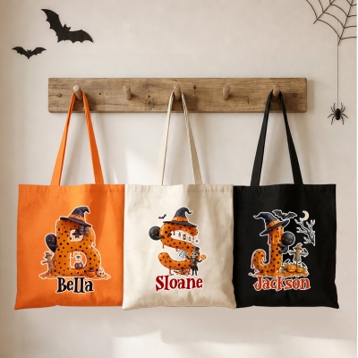 Personalized Spooky Polka Dot Witch Hat Alphabet Tote Bag with Name, Large Capacity Canvas Trick or Treat Handbag, Halloween Gift for Kids/Teens